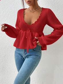 SHEIN MOD Suéter de cuello en V con cordón en la cintura, manga larga, para otoño/invierno - Rojo - Ver 6