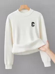 Boys' Embroidered Thermal Lined Pullover Sweater With Letter Design, Winter - White - View 1