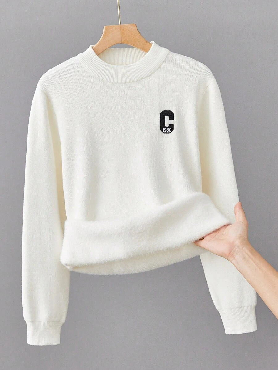 Boys' Embroidered Thermal Lined Pullover Sweater With Letter Design, Winter - White - View 1