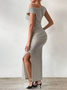 Chiquease Women's Asymmetric Cold Shoulder High Slit Dress - Champagne - View 2