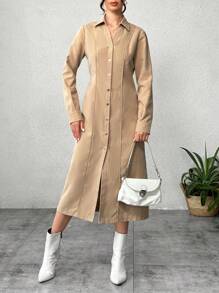 SHEIN Essnce Artificial Suede Midi Dress - Khaki - View 3