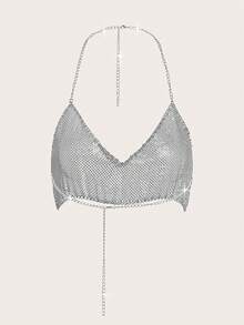 SHEIN BAE Gorgeous Women's Chain Strap Halter Neck Top With Rhinestone Embellishment - Silver - View 3