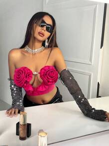 SHEIN ICON Xu hướng: Cắt giảm 3D Thiết kế hoa Áo không dây - Màu Hồng Tươi - Xem 6