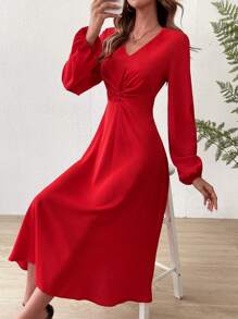 Chiquease Twist Front Lantern Sleeve Dress - Red - View 4
