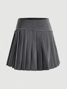 SHEIN MOD 純色百褶裙 - 灰色 - 查看 2