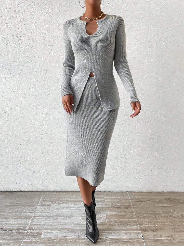 Women'S Notched Neck Sweater And Knitted Skirt Two Piece Set Fall Cloth For Women