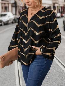 SHEIN LUNE Plus Chevron Print Roll Tab Sleeve Half Zip Roll Tab Sleeve Blouse - Black - View 4