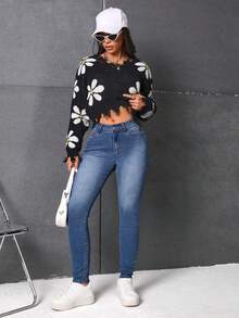 SHEIN EZwear 斜口袋緊身牛仔褲 - 藍色 - 查看 3