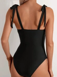 SHEIN Swim Women's Solid Color One-piece Swimsuit With Strap - Black - View 2