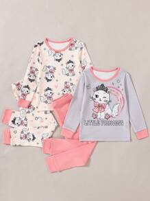 2 bộ Cô Gái Trẻ Mèo in Tay áo dài Phù hợp Vừa Khít Bộ đồ ngủ - Hồng - Xem 3