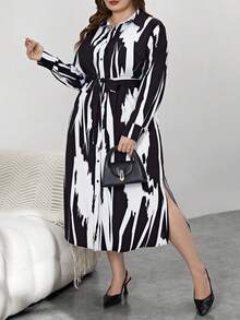 SHEIN Privé 時尚印花大碼連衣裙 - 黑色 - 查看 4