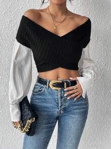 SHEIN Privé Top De Mujer Con Bloques De Color Y Hombros Cruzados - Blanco y Negro - Ver 4