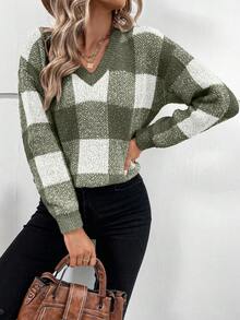 SHEIN LUNE V-Neck Drop Shoulder Sweater - Army Green - View 4