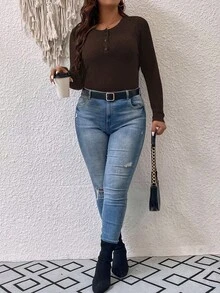 SHEIN Franclia Plus Size Button Half-placket T-shirt - Coffee Brown - View 4