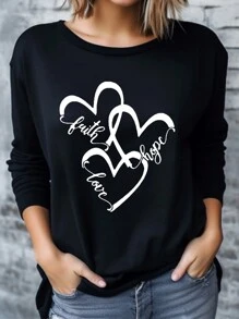 SHEIN LUNE Letter & Heart Printed Drop Shoulder T-shirt - Black - View 1