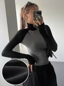DAZY Solid High Neck Tee,Fall Clothes Long Sleeve Women Tops,Thermal Lined
