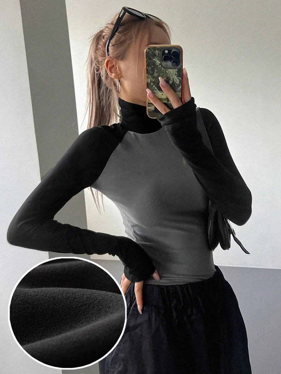 DAZY Solid High Neck Tee,Fall Clothes Long Sleeve Women Tops,Thermal Lined