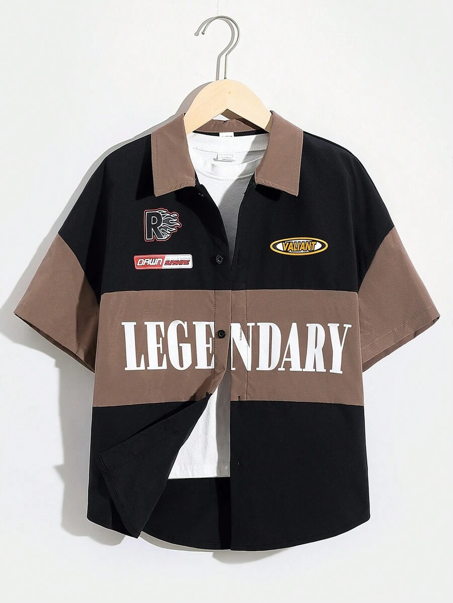 SHEIN 男孩休閒寬鬆立領字母印花拼接襯衫 - 黑色 - 查看 1