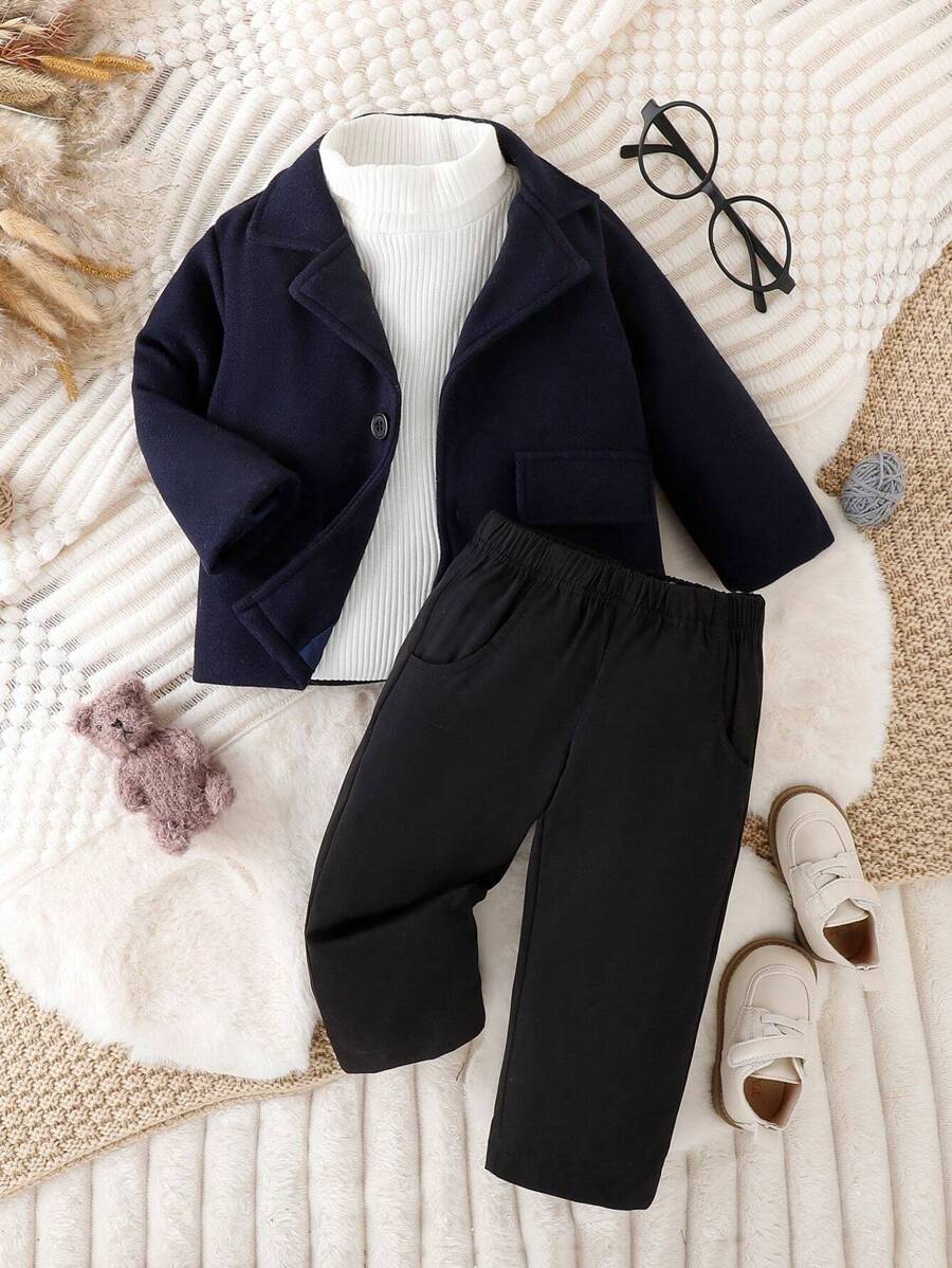 Baby Boys' Casual Vintage Woolen Jacket And Pants Set For Autumn And Winter