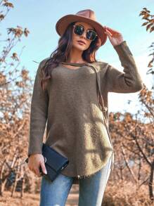 GENKIRA Pull tricoté à épaules tombantes avec détail de bouton, couleur unie, pour l'automne et l'hiver - Marron - Voir 5