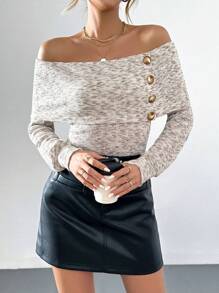 SHEIN Essnce Off-shoulder Button Detail T-shirt - Beige - View 1