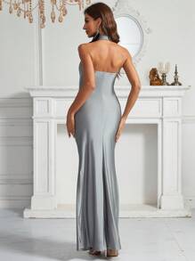 SHEIN Belle Deep V-Neck Halter, Ruffle, Slim Fit Mermaid Women's Cocktail Party Dress