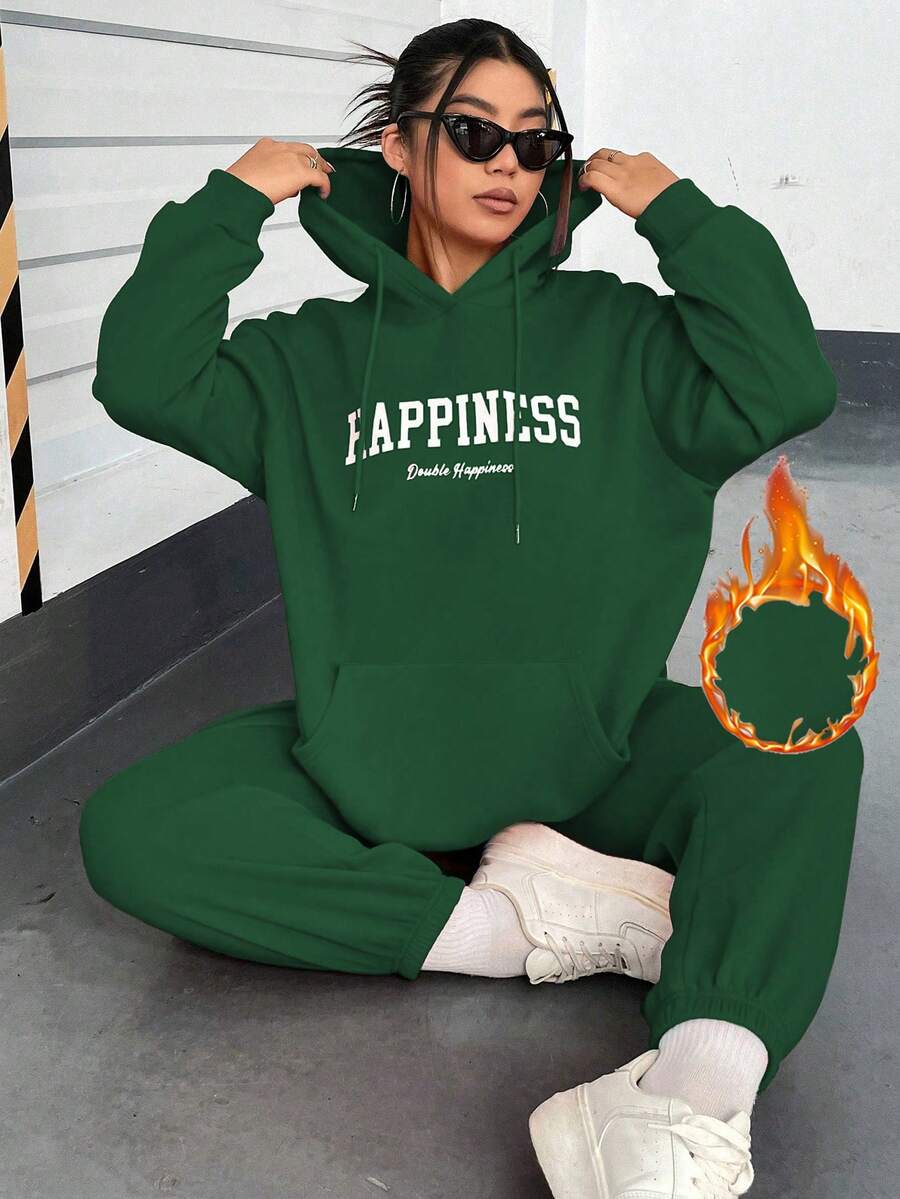 Flirla Plus Letter Graphic Kangaroo Pocket Drop Shoulder Drawstring Hoodie & Sweatpants - Green - View 1