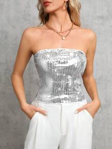 SHEIN Tall Sparkly Strapless Top - Silver - View 8