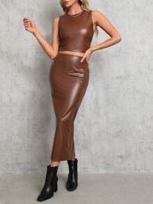 SHEIN Tall Của phụ nữ Mùa vụ Da giả Áo vest Và Bộ váy - Màu Khaki - Xem 1