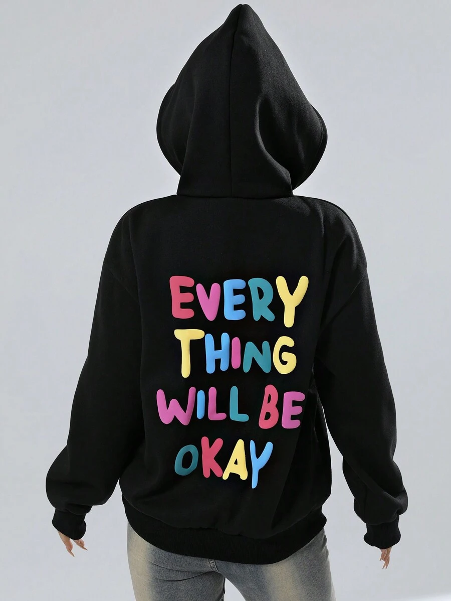 SHEIN EZwear 女字母印花抽繩連帽衫 - 黑色 - 查看 1