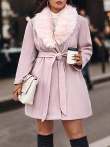 SHEIN Clasi Kích thước lớn Của phụ nữ Len Áo khoác Với Vòng cổ , Thắt lưng , Mùa Đông - Bụi hồng - Xem 3