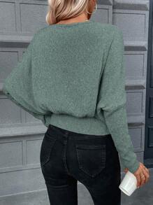 SHEIN Essnce 女式休閒落肩毛衣 - 橄欖綠 - 查看 2