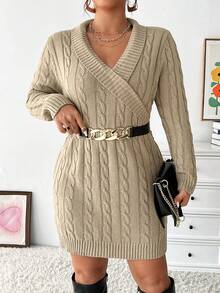 Celure Plus Size Women'S Cable Knitted Wrap Sweater Dress - Khaki - View 4