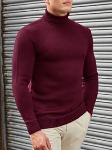 SHEIN Cottnline Simple Men's Solid Color Turtleneck Sweater, Versatile - Burgundy - View 4