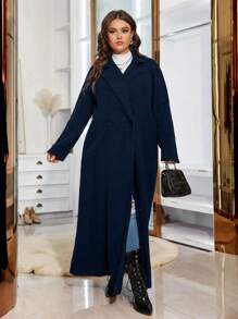 Celure Double-breasted Solid Color Long Coat - Navy Blue - View 3