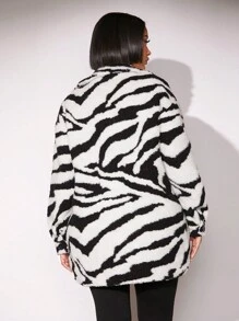 SHEIN SXY 性感女士正常尺寸斑馬紋泰迪大衣,秋冬休閒風格 - 黑與白 - 查看 2