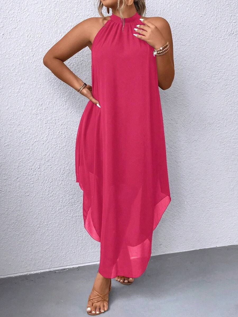 SHEIN Clasi Đầm Maxi Cổ Halter Màu Hồng Cỡ Lớn Thời Trang Cho Nữ - Màu Hồng Tươi - Xem 1