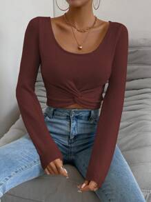 Chiquease Knitted Crop Top With Twist Detail And Large Round Neckline - Burgundy - View 6