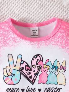 女婴爱心与兔子印花短袖T恤和裤子套装 - 玫紅色 - 查看 4