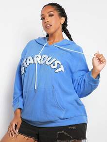 SHEIN CURVE+ 加大码印花抽绳卫衣 - 藍色 - 查看 7