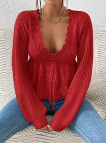 SHEIN MOD Suéter de cuello en V con cordón en la cintura, manga larga, para otoño/invierno - Rojo - Ver 5