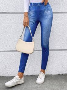 SHEIN LUNE Women's High Waist Skinny Denim Effect Leggings - Blue - View 1
