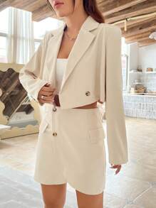 SHEIN EZwear 女士雙排扣西裝外套和迷你裙套裝,帶有翻領領口 - 卡其色 - 查看 3