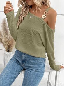 SHEIN Privé Chain Asymmetrical Shoulder Buffalo Plaid T-Shirt - Green - View 5