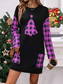 SHEIN LUNE Plaid Patchwork Double Pocket Dress - Multicolor - View 3