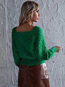SHEIN LUNE Women'S Solid Color Cable Knitted Loose Casual Sweater - Green - View 2