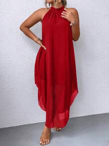 SHEIN Clasi Đầm Maxi Cổ Halter Đỏ Thời Trang Cho Nữ Size Lớn Quần Áo Năm Mới - Đỏ - Xem 1