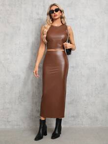 SHEIN Tall Của phụ nữ Mùa vụ Da giả Áo vest Và Bộ váy - Màu Khaki - Xem 6