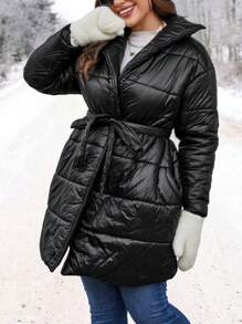 SHEIN LUNE Plus Solid Slant Pocket Belted Padded Padded Coat Clothes Winter - Black - View 5