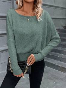 SHEIN Essnce 女式休閒落肩毛衣 - 橄欖綠 - 查看 3